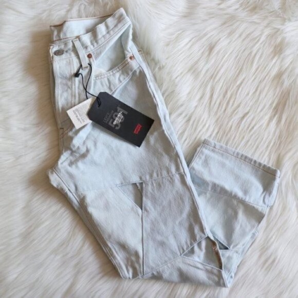 NWT Levis 501 Original Light Blue Wash Cutout Cropped Denim Jeans Size 26 - Picture 4 of 14